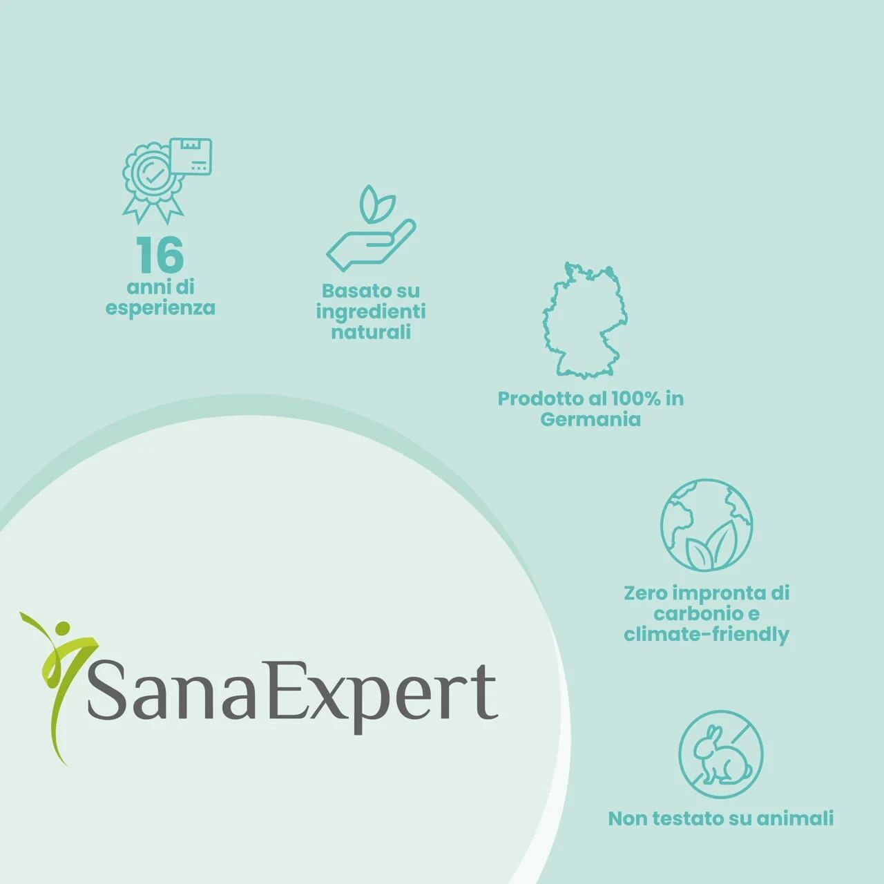 Logo SanaExpert e informazioni: 16 anni di esperienza, ingredienti naturali, prodotto in Germania.