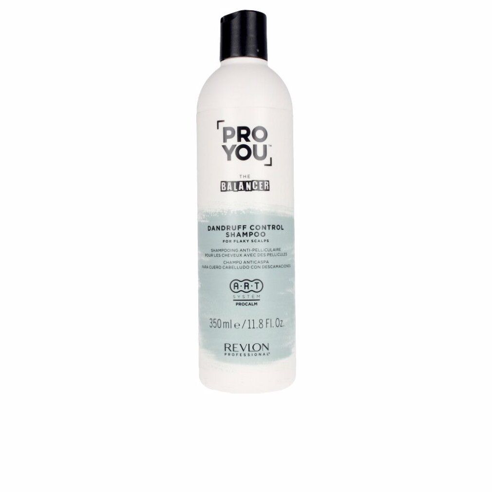 Flacone bianco, tappo nero. Scritta: Pro You The Balancer, Dandruff Control Shampoo. Marchio: Revlon.