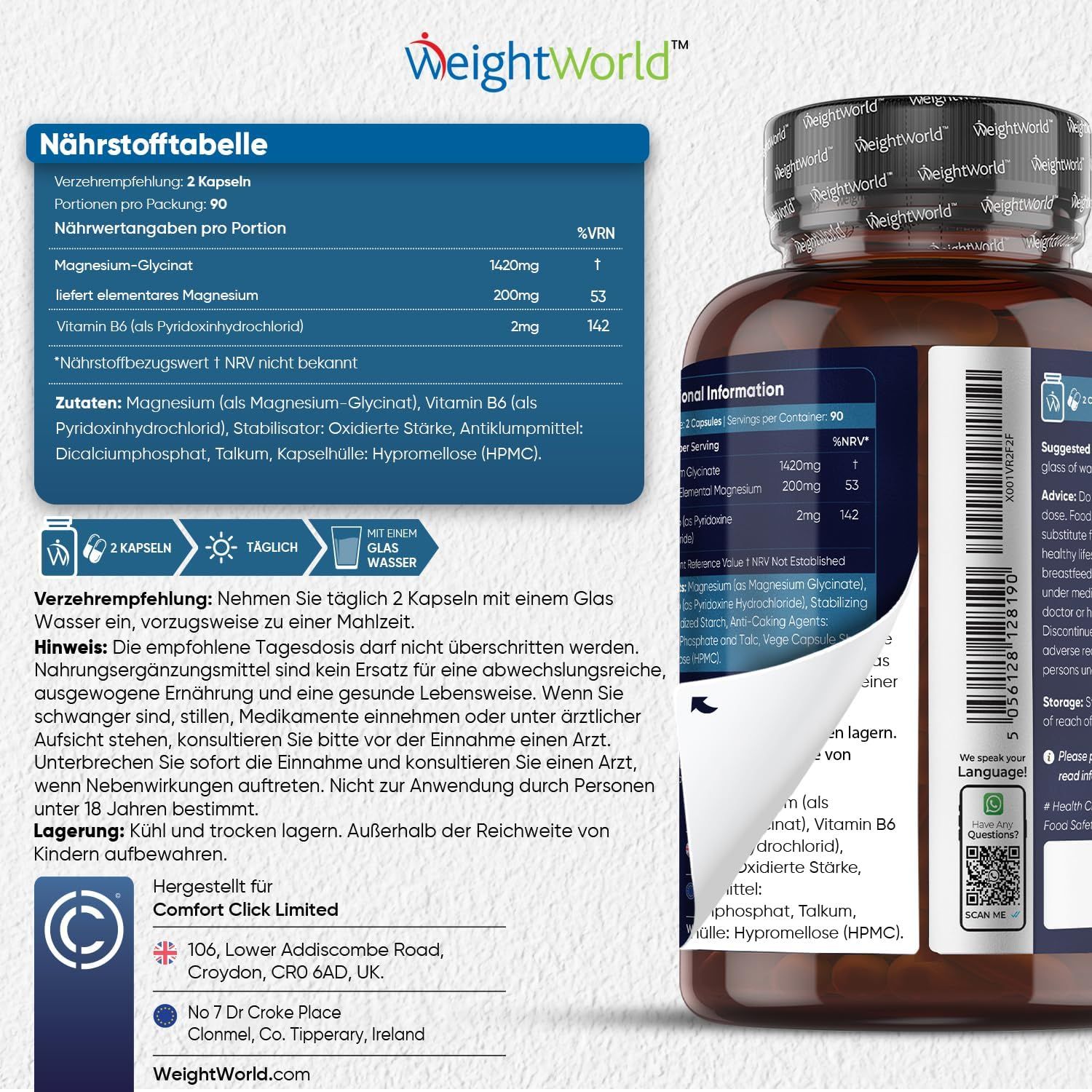 Flacone del prodotto con etichetta. Tabella nutrizionale con ingredienti e raccomandazioni per l'uso. Testo: WeightWorld. 2 capsule al giorno.