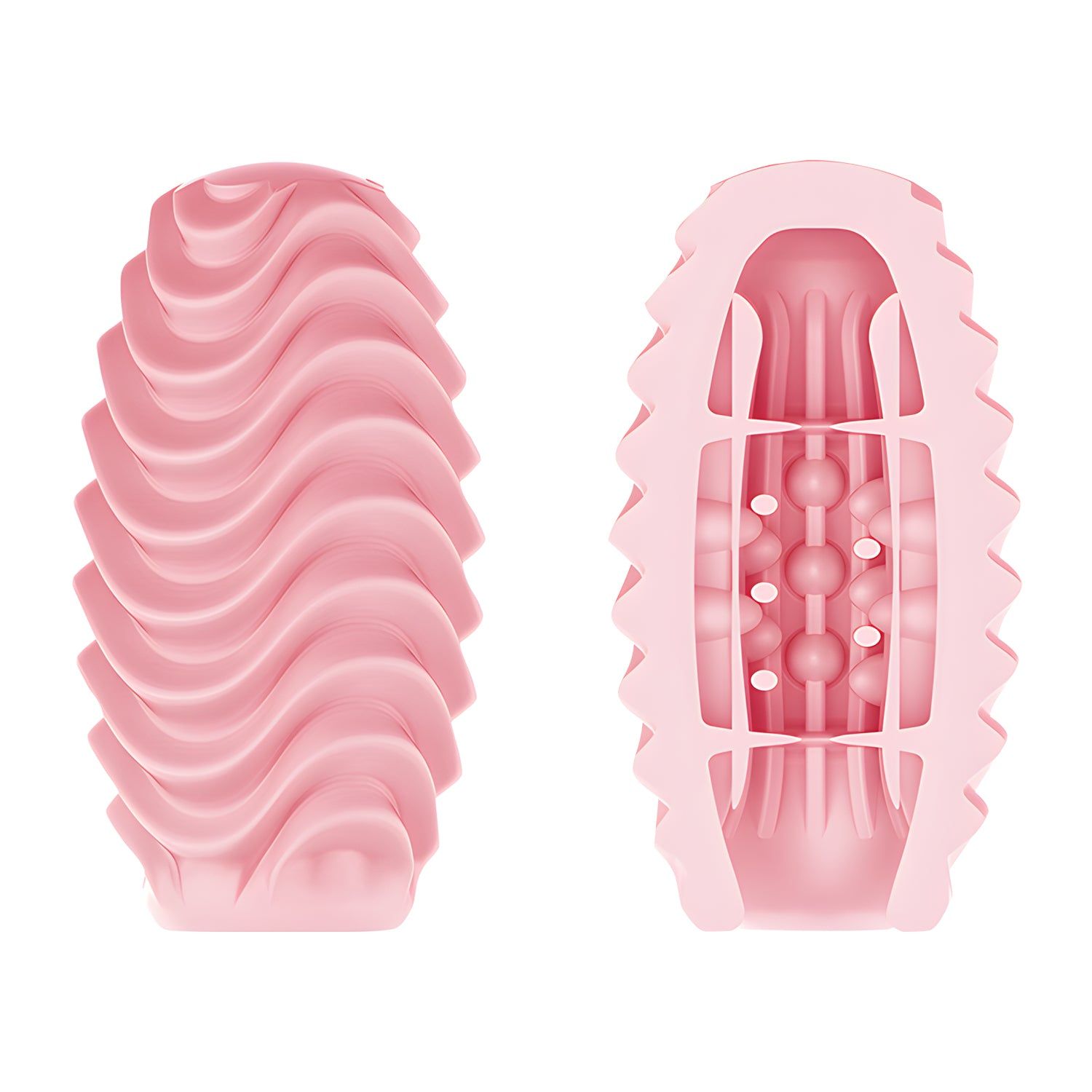 Due uova masturbatrici rosa. Una con superficie ondulata, l'altra con borchie e scanalature.