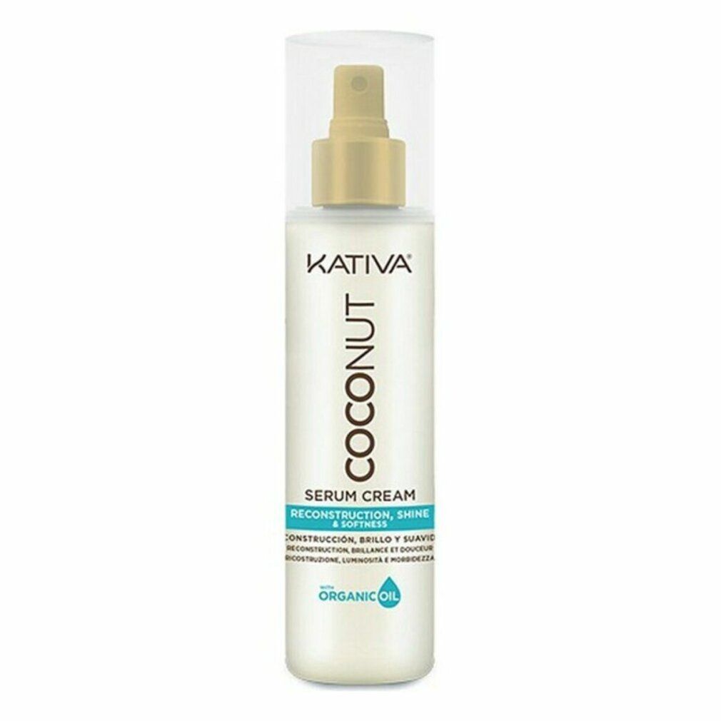 Flacone Kativa Coconut Serum Cream con vaporizzatore. Scritta: Coconut, Serum Cream, Organic Oil.