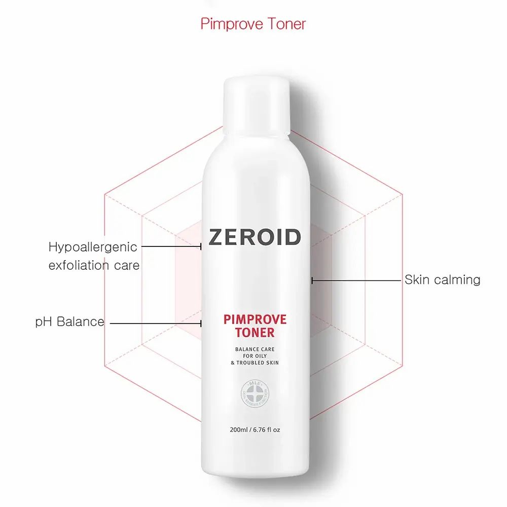 Flacone bianco ZEROID Pimprove Toner con testo e diagramma. Testo: Balance Care per pelli grasse e problematiche. 200ml/6.76 fl oz.