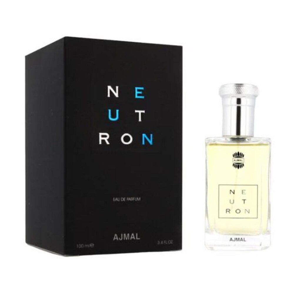 Neutron Eau de Parfum con confezione nera. Flacone e confezione. Scritta: NEUTRON, AJMAL, Eau de Parfum.