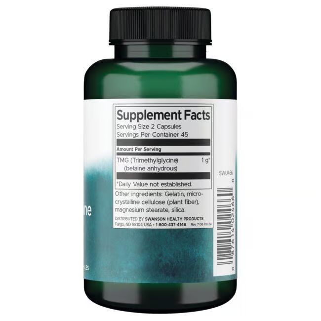 Retro di flacone verde. Etichetta bianca con informazioni nutrizionali. Contiene TMG (Trimetilglicina).