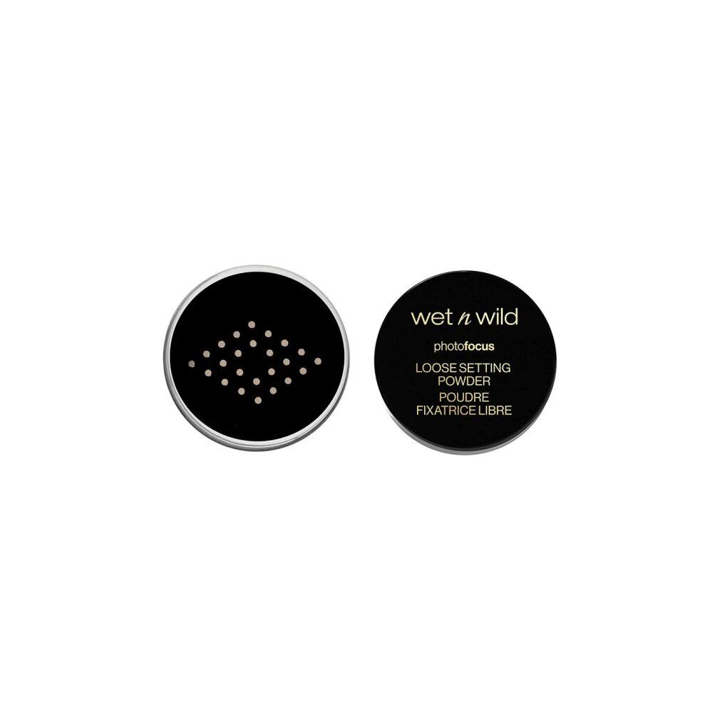 Contenitore rotondo nero con motivo a punti bianchi. Accanto, coperchio con testo: "WET n WILD photofocus LOOSE SETTING POWDER POUDRE FIXATRICE LIBRE".