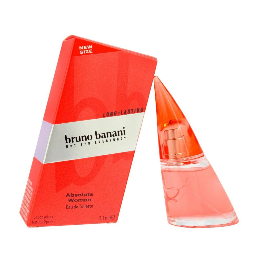 Confezione rossa accanto a flacone rosa. Flacone inclinato, confezione con testo 'Bruno Banani'.