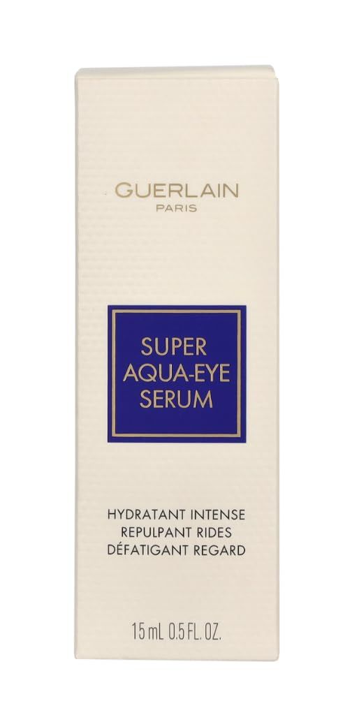 Confezione. Scritta: Super Aqua-Eye Serum, Hydratant Intense, Repulpant Rides, Défatigant Regard. Marchio: Guerlain. 15ml 0.5 FL. OZ.