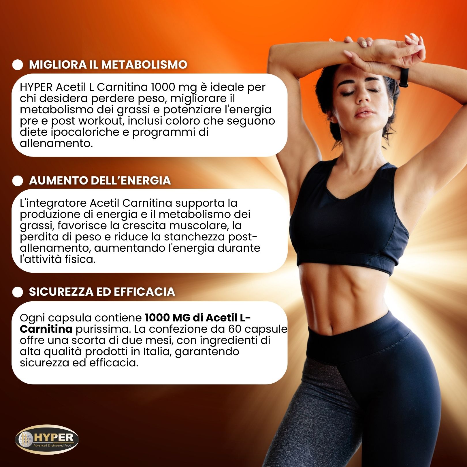 Flacone bianco ALC 1000. Testo: 1000mg per capsula. Donna in abbigliamento sportivo. Testo: Aumento dell'energia, sicurezza ed efficacia.