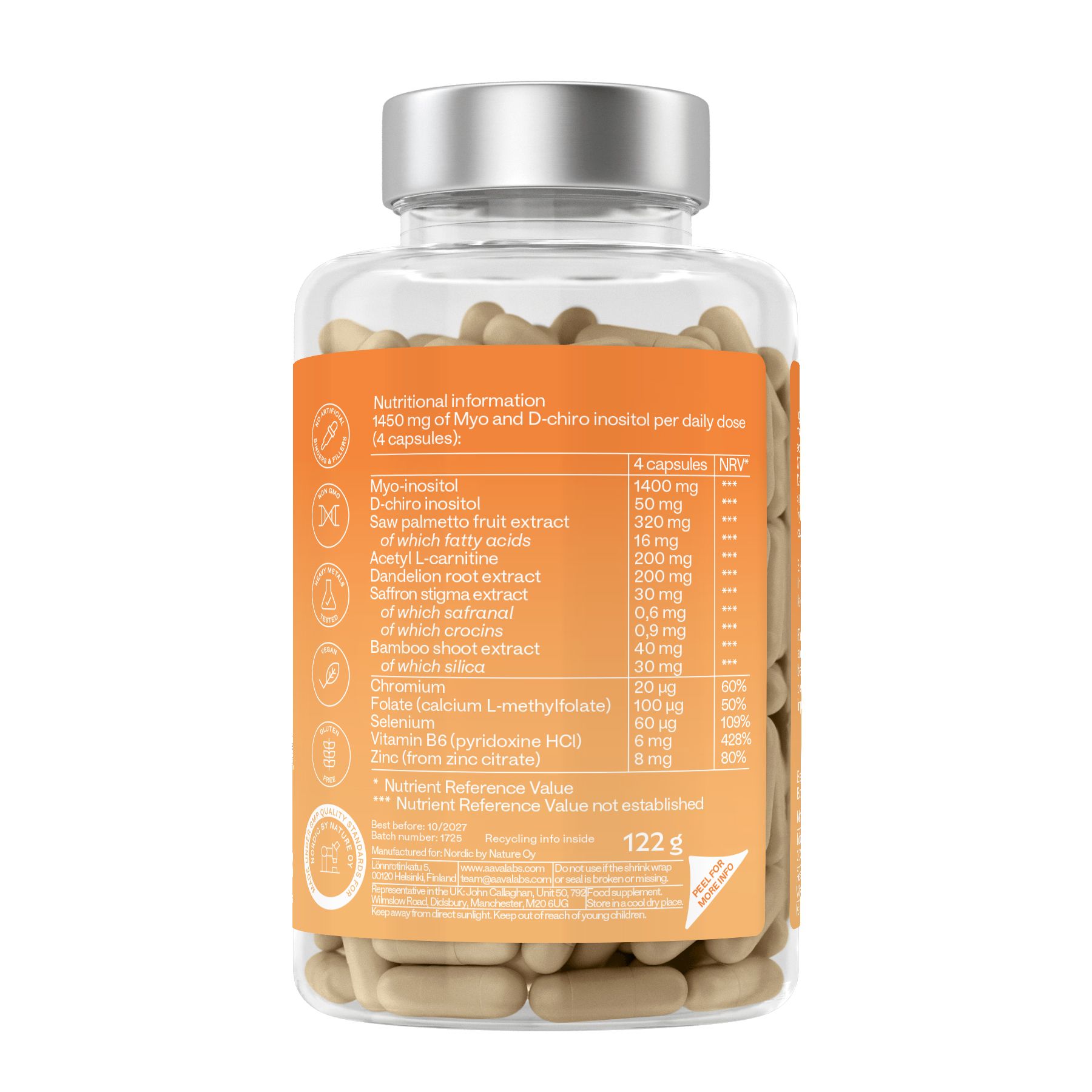 Retro del flacone con informazioni nutrizionali. Contiene Myo-inositolo, D-chiro-inositolo e altri ingredienti.