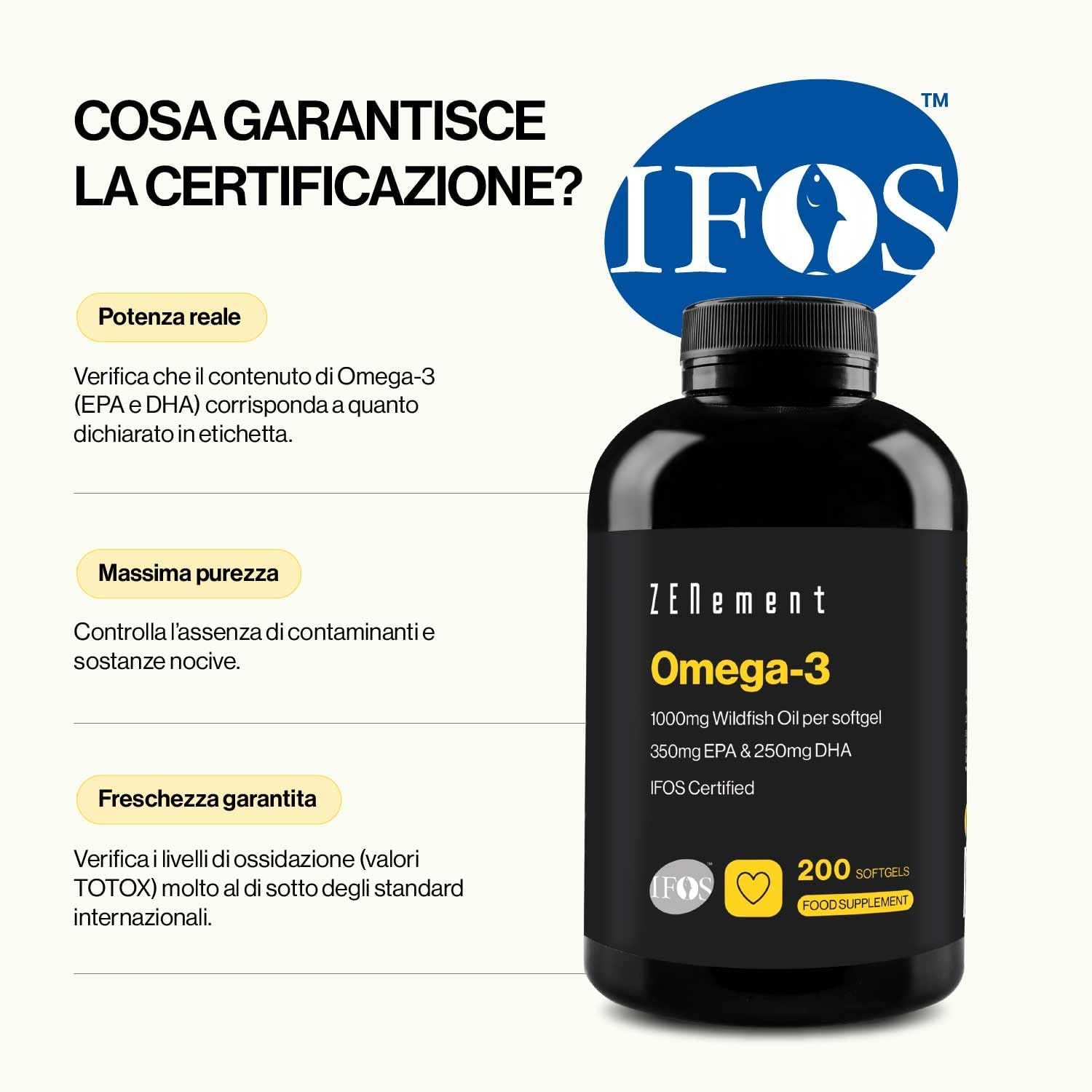 Flacone Omega 3 con certificazione IFOS. Testo: 200 softgel. Scritte: 1000mg olio di pesce selvatico, 350mg EPA & 250mg DHA. IFOS Certified.