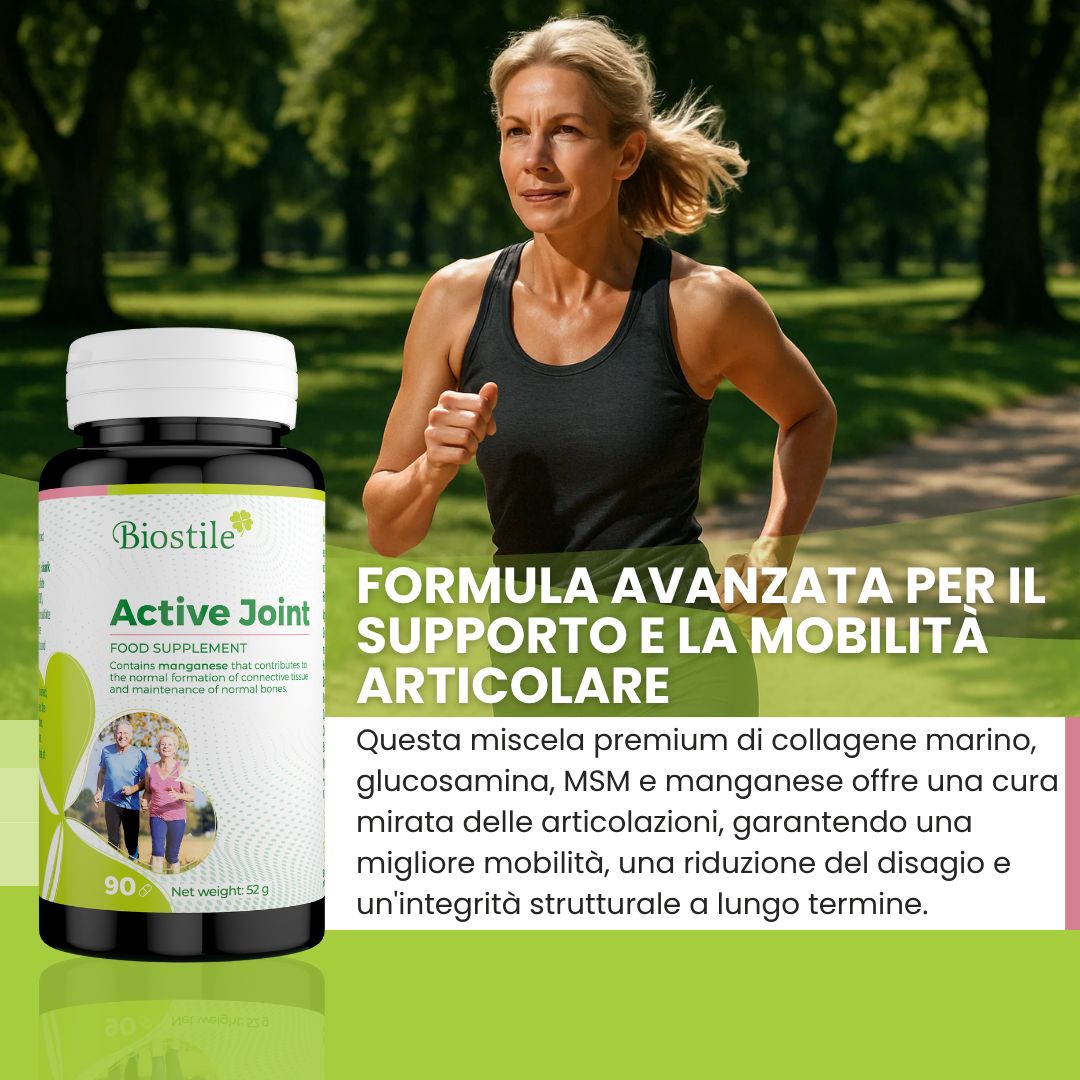 Donna che fa jogging. Flacone Biostile Active Joint. Testo: Formula per la protezione delle articolazioni e la mobilità.