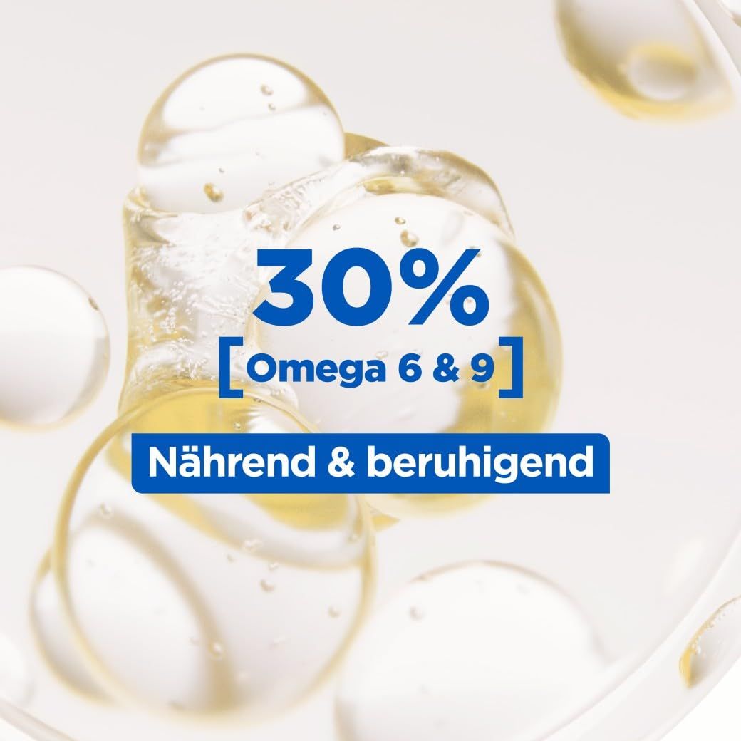 30% Omega 6 & 9. Nutriente e lenitivo. Liquido giallo con bolle.