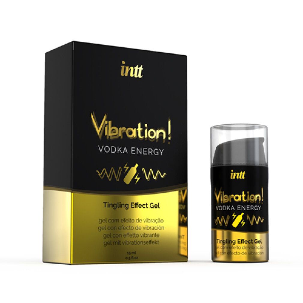 Confezione e flacone. Scritta: INTT, Vibration! Vodka Energy, Tingling Effect Gel. 15 ml.