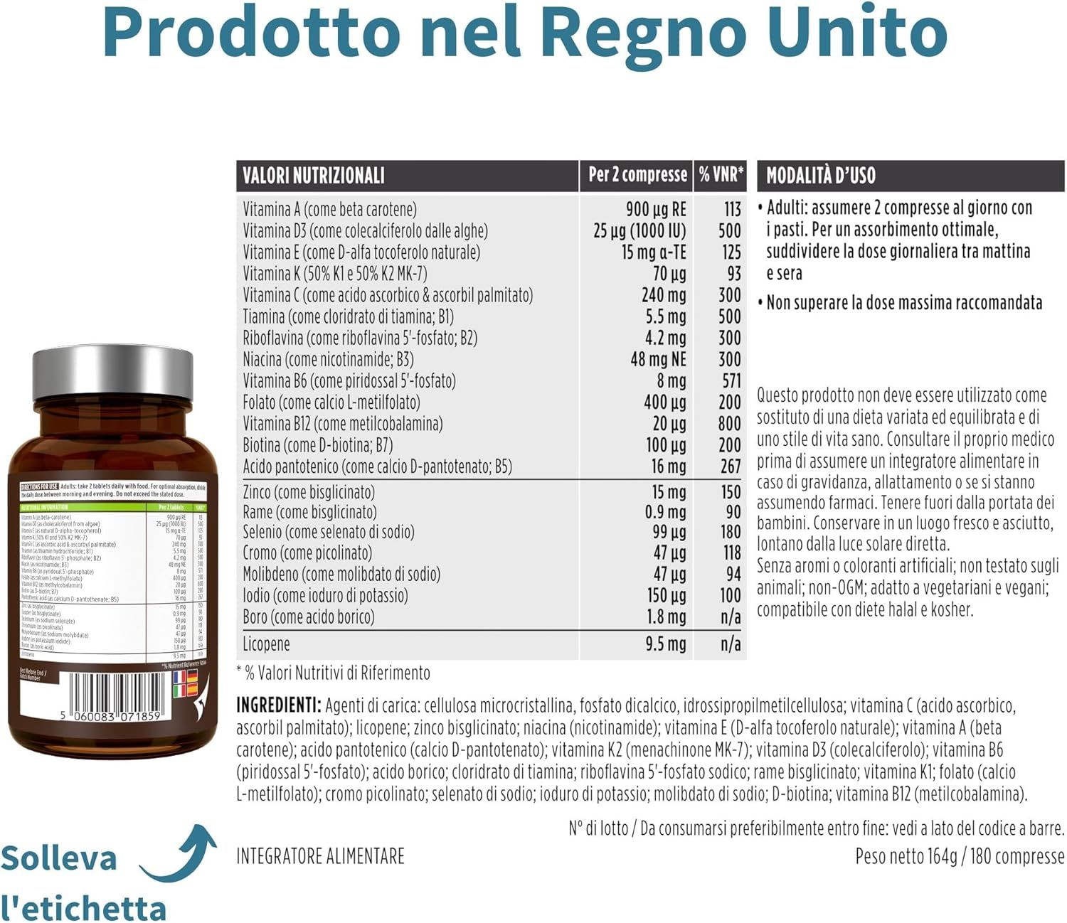 Flacone Igennus Multivitamin & Minerals for Men, con tabella nutrizionale e istruzioni per l'uso.