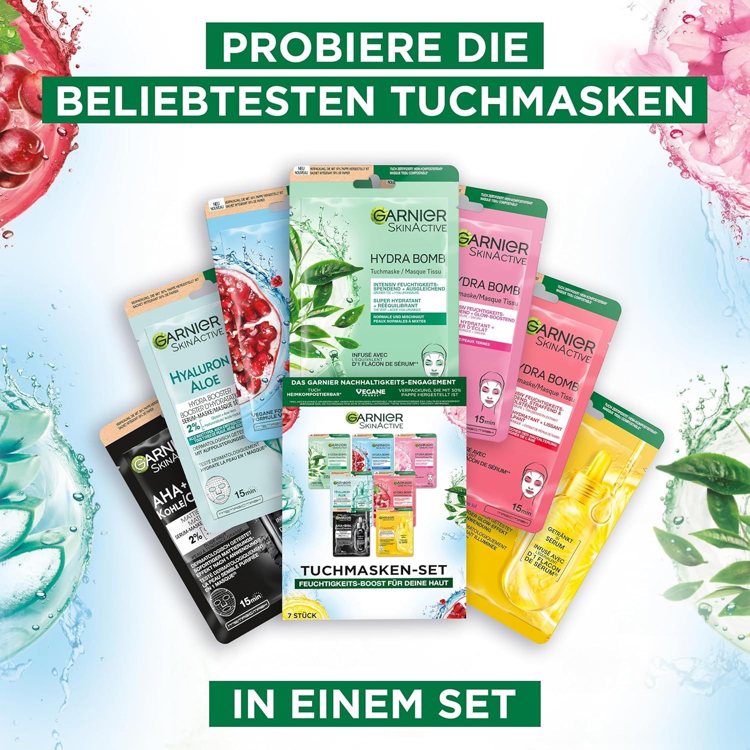Set di maschere in tessuto Garnier SkinActive con diverse maschere. Testo: Prova le maschere in tessuto più popolari in un set.