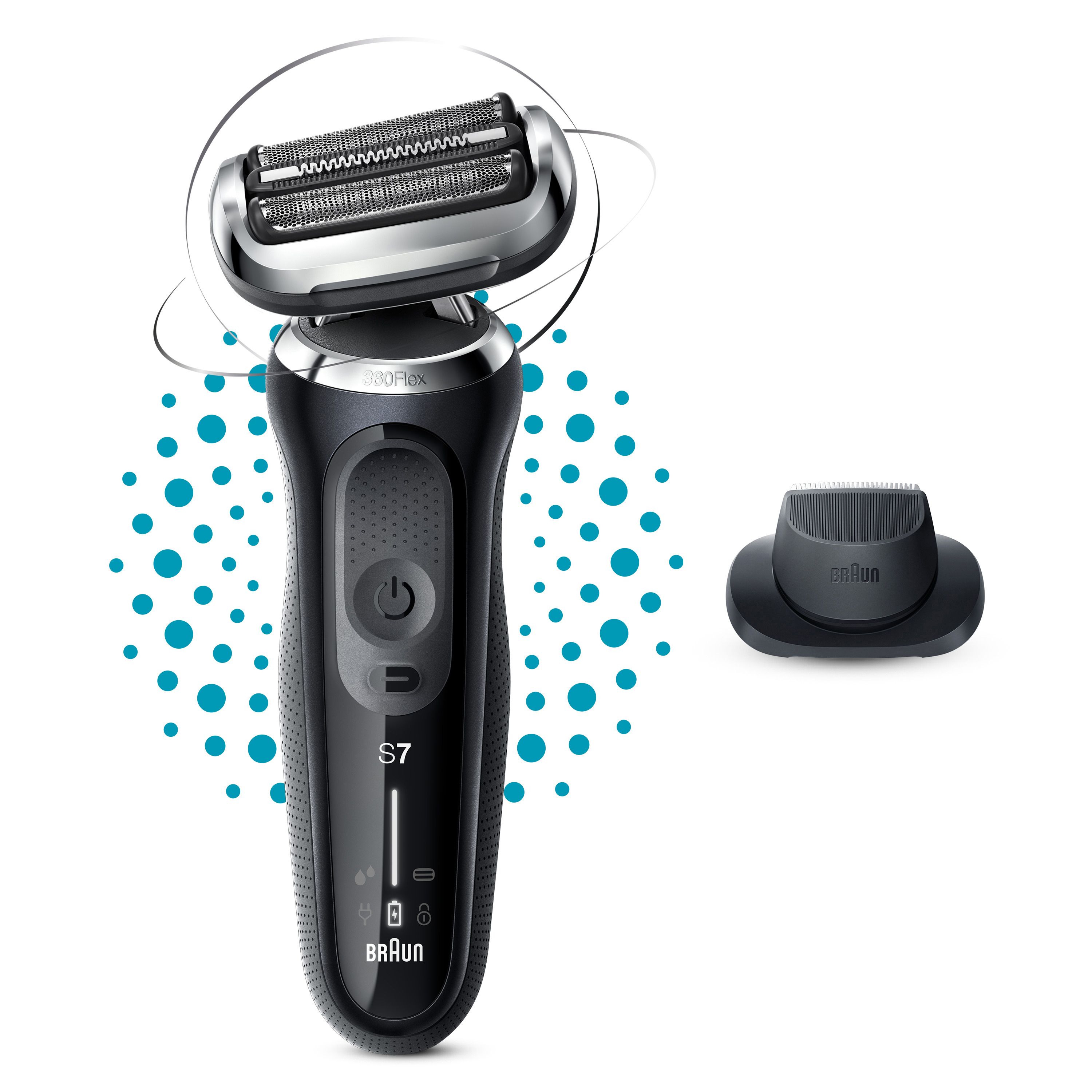 Rasoio elettrico nero con stazione di ricarica. Rasoio con logo S7 e scritta Braun. Punti blu sullo sfondo.