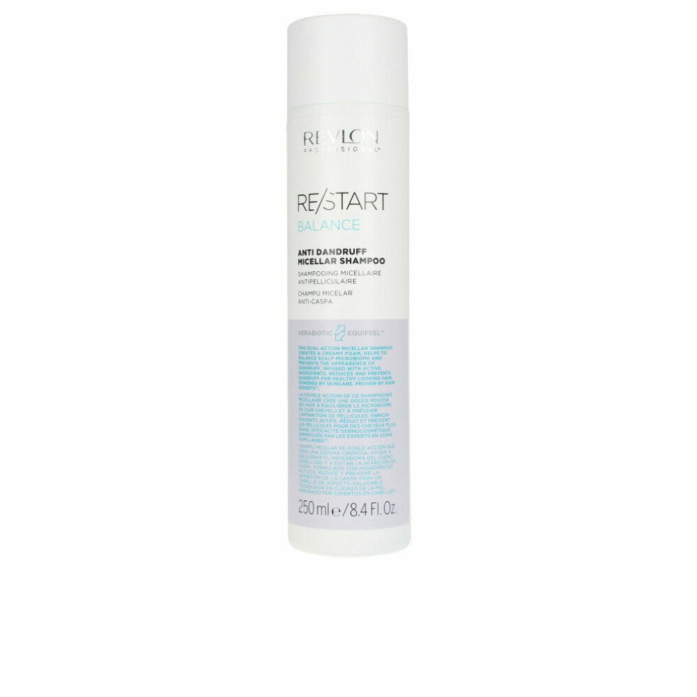 Shampoo bianco con testo blu. Testo: RE/START Balance Anti-forfora Micellar Shampoo. 250 ml/8.4 Fl.Oz.