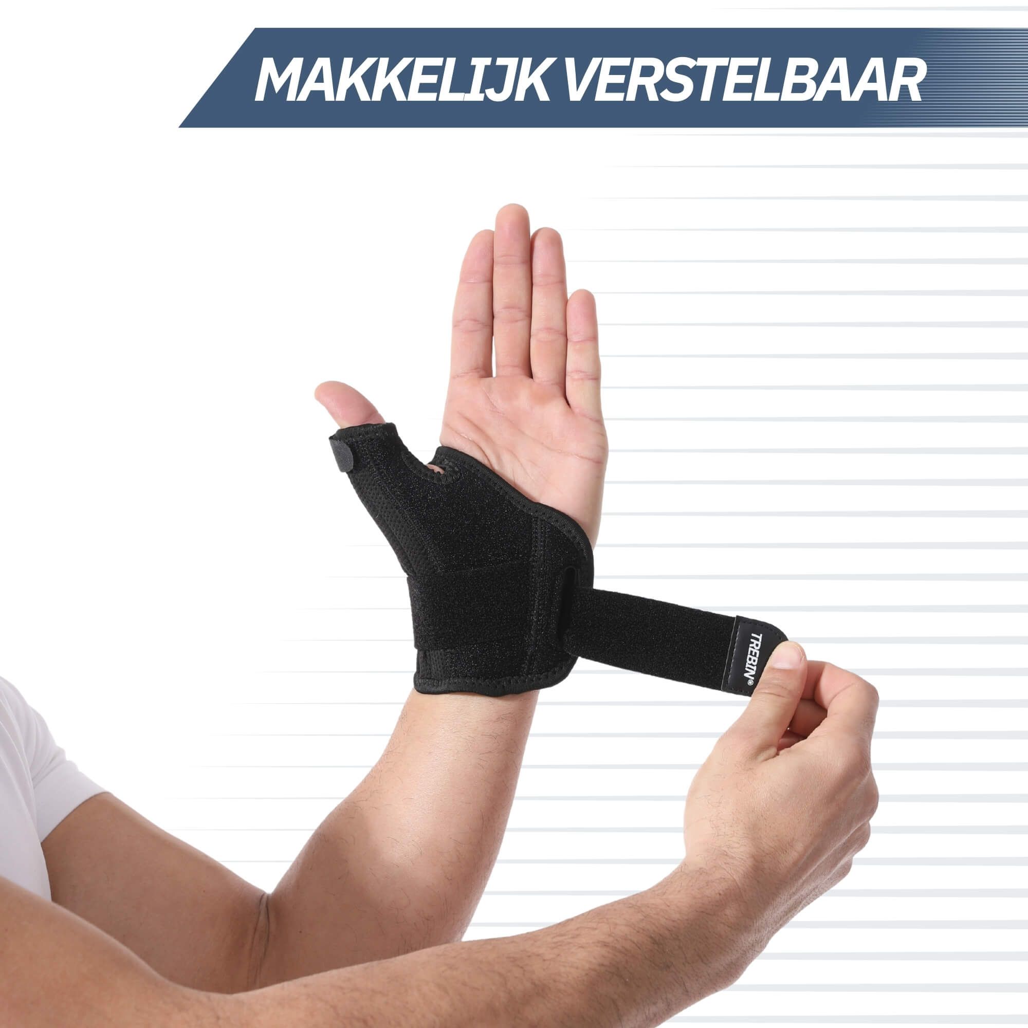 Tutore nero per pollice con chiusura in velcro, avvolto attorno al polso.