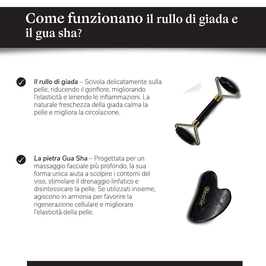 Testo: Come funzionano il rullo di giada e il Gua Sha? Rullo di giada e pietra Gua Sha con logo Biostile.