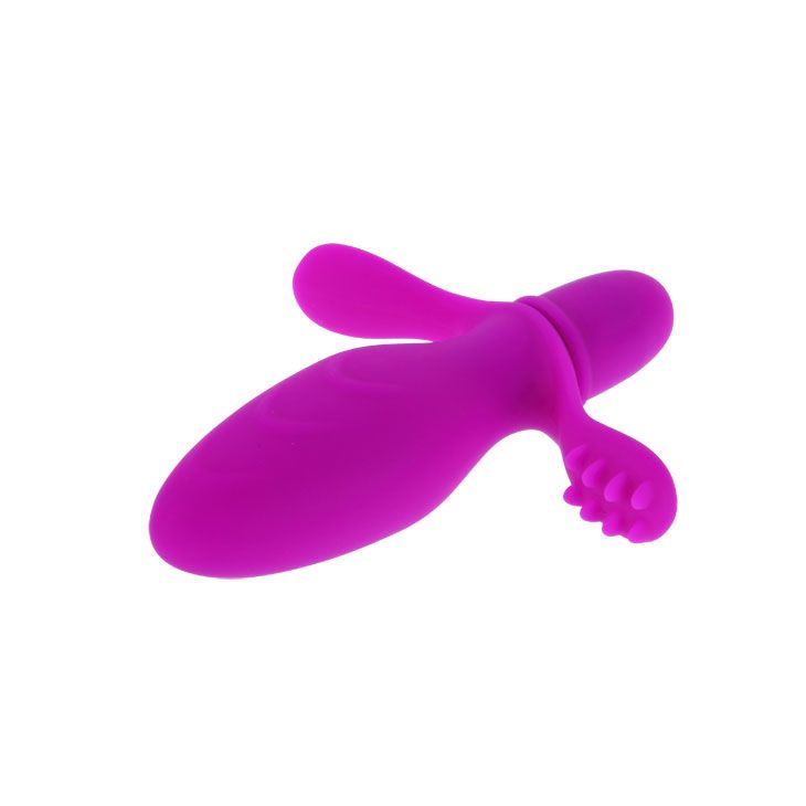 Vibratore lilla in silicone. Forma arrotondata, ali e noduli. Base cilindrica.