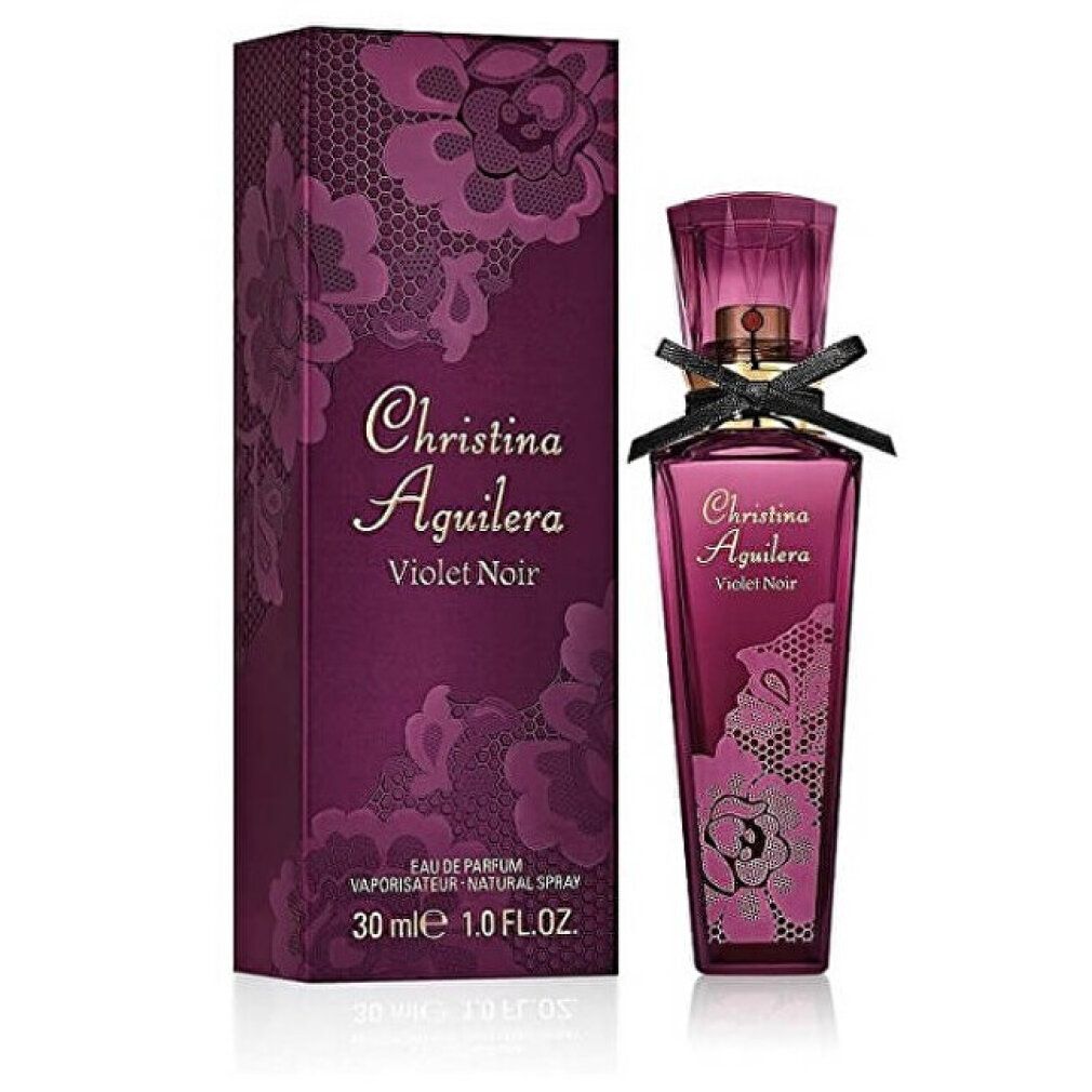 Flacone viola e confezione. Scritta: Christina Aguilera Violet Noir. Scritta: 30 ml.