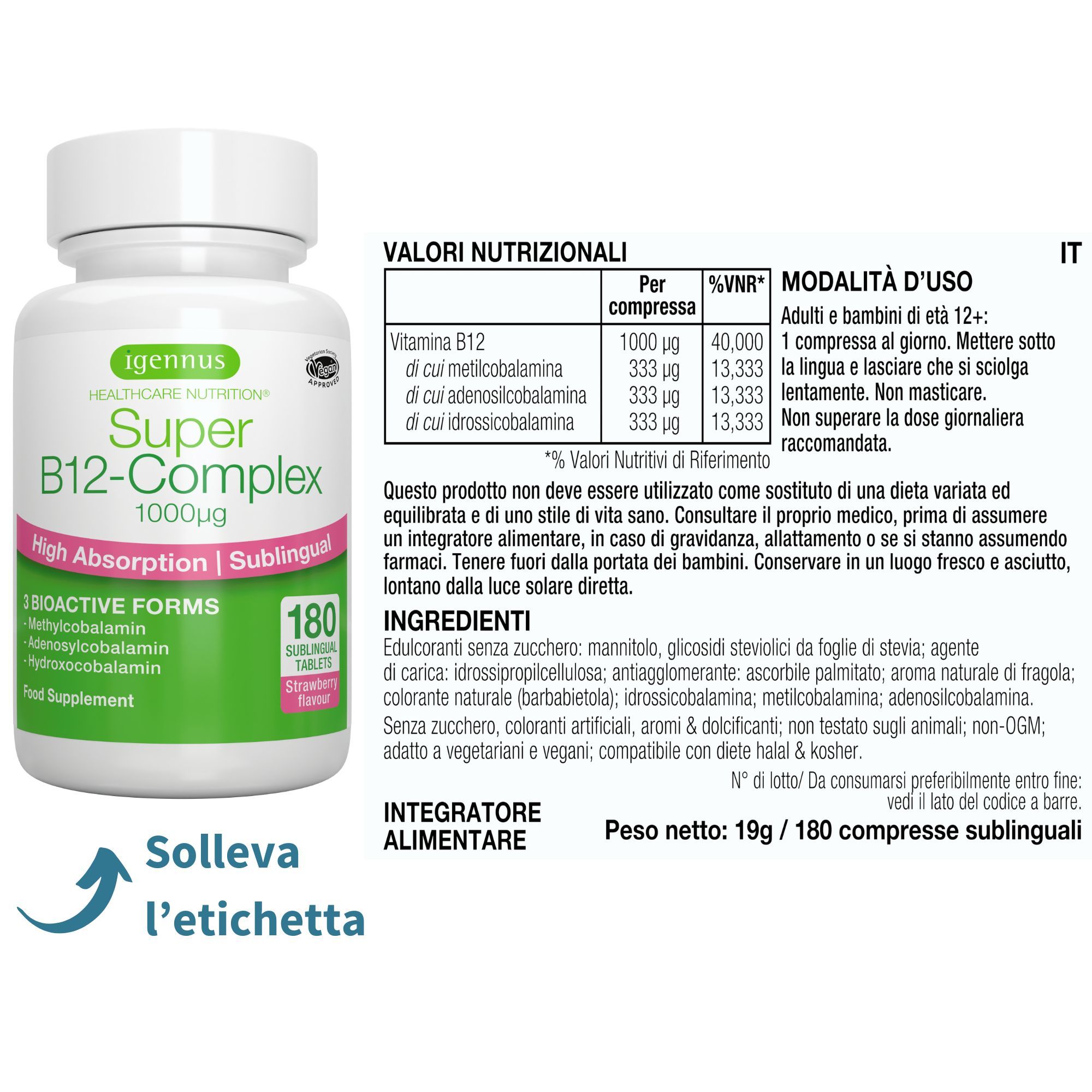 Flacone bianco con etichetta. Testo: Super B12-Complex, 1000mcg, 180 compresse. Informazioni nutrizionali e uso.