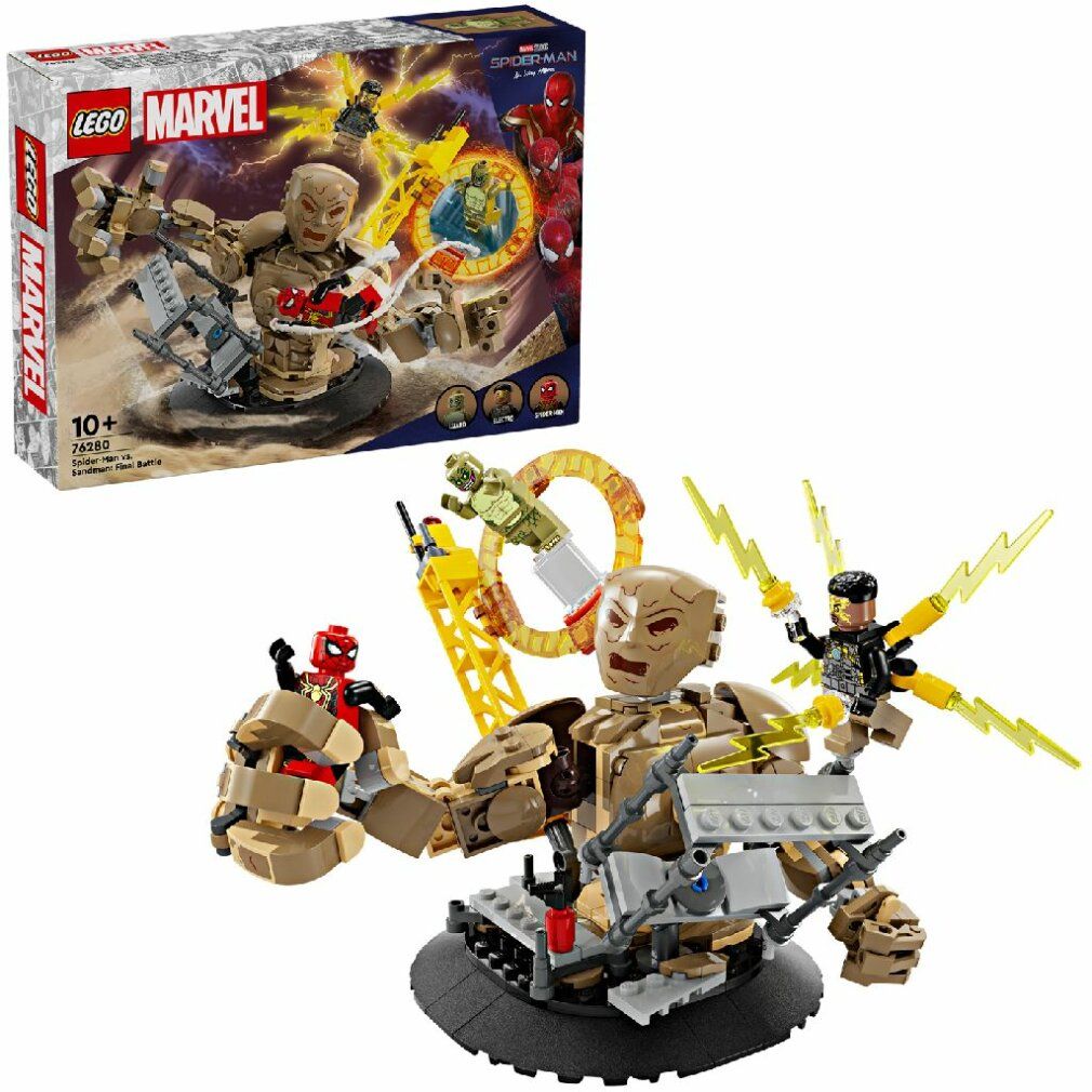 Set LEGO Marvel con personaggio di Uomo Sabbia, Spider-Man ed Electro. Personaggi su una base. Confezione sullo sfondo.