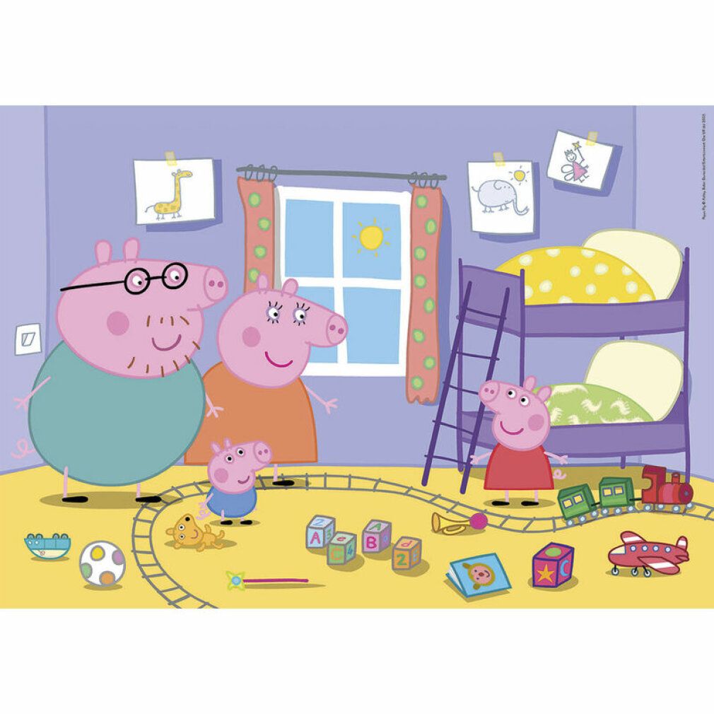 Puzzle Peppa Pig. La famiglia Peppa Pig in una stanza. Finestra, letto a castello, giocattoli e un treno.