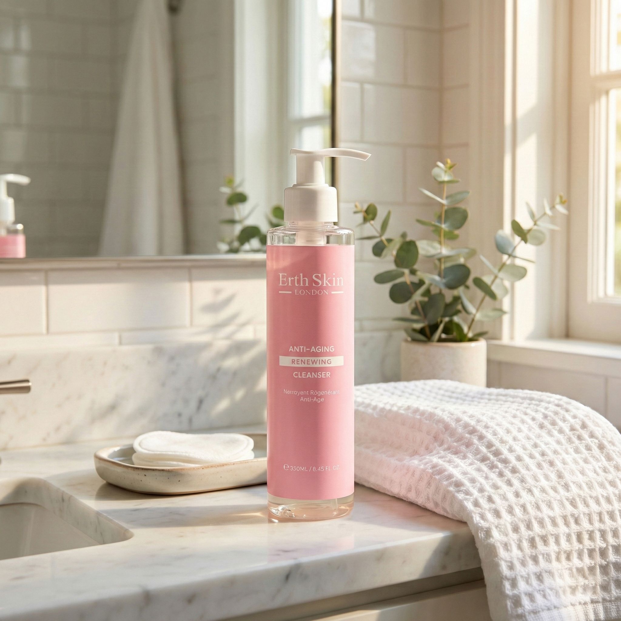 Flacone rosa con dosatore bianco. Scritta: Erth Skin London, Anti-Aging Renewing Cleanser. Su superficie in marmo, accanto ad asciugamano.