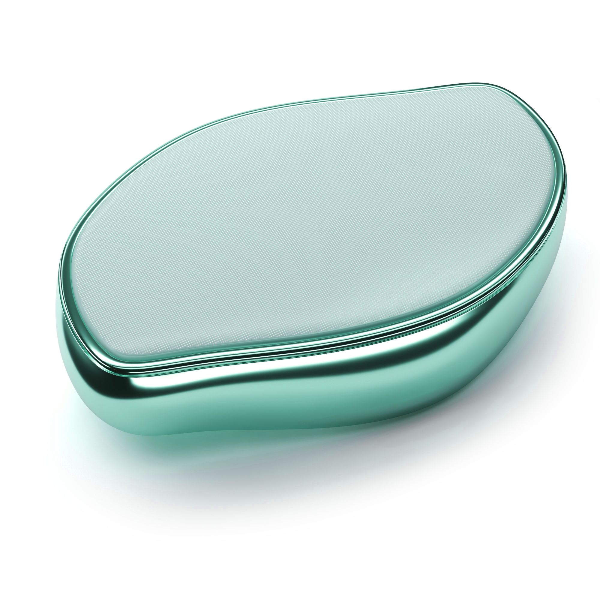 Epilatore ovale verde con superficie grigio chiaro. Corpo in metallo lucido.