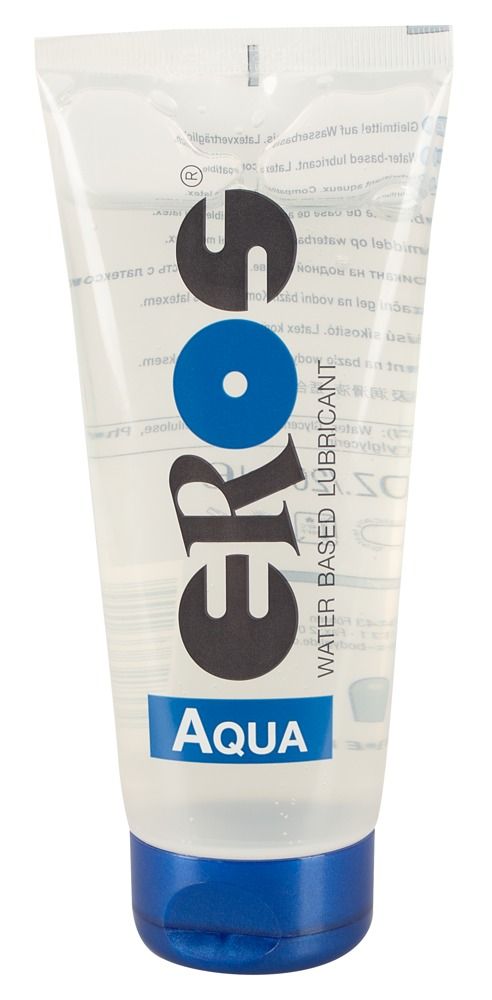 Lubrificante EROS Aqua in tubo trasparente con tappo blu.