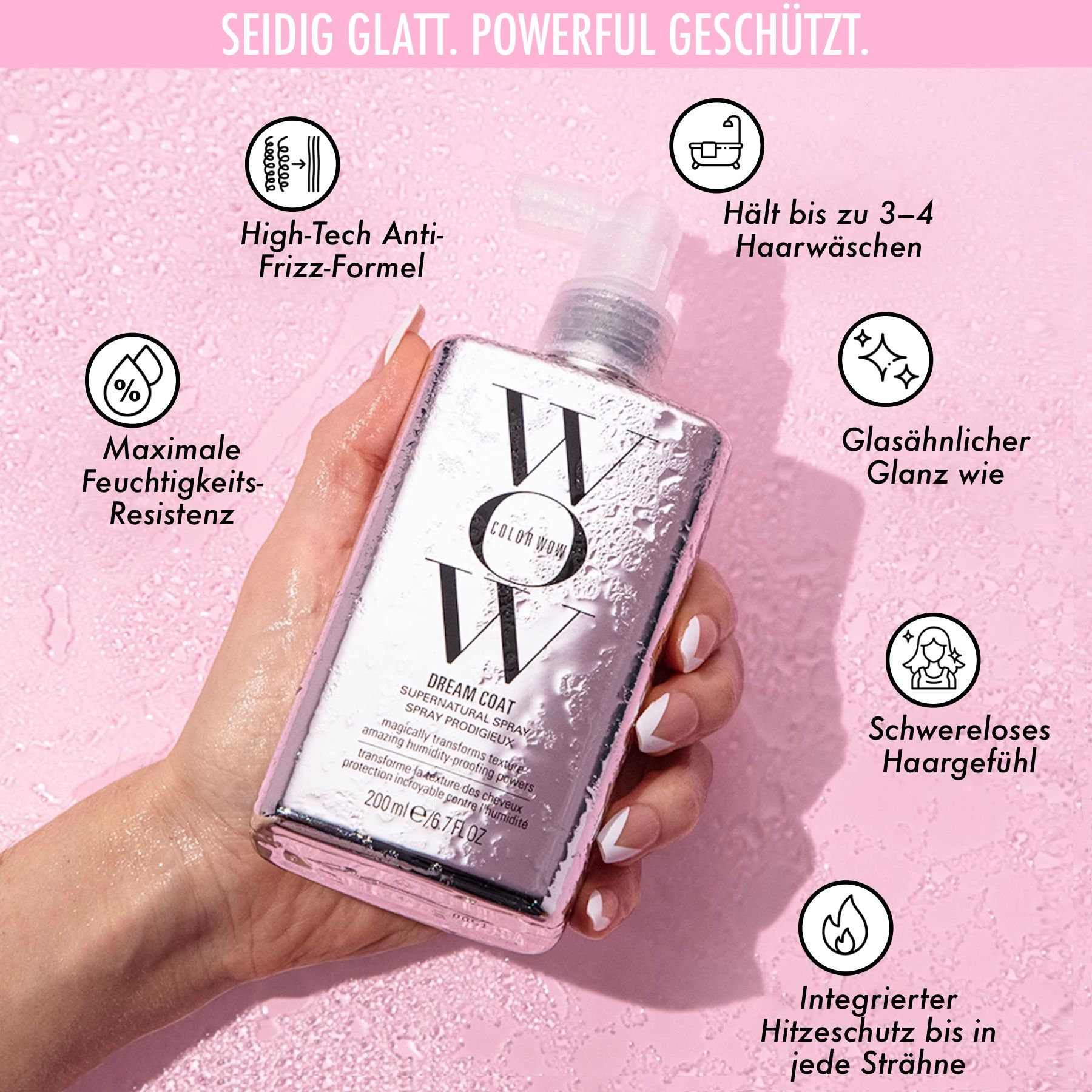 Mano che tiene lo spray COLOR WOW Dream Coat. Flacone con vaporizzatore. Testo e logo su sfondo argento. Icone con vantaggi.