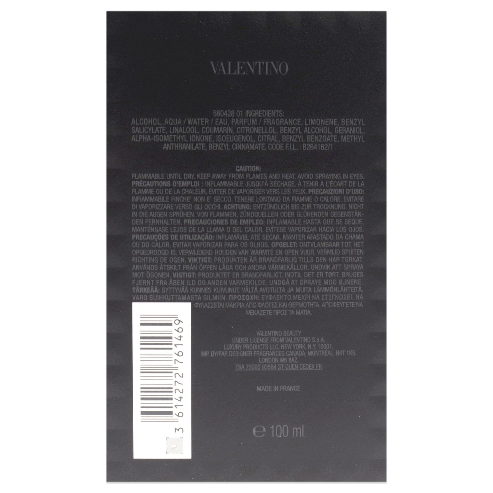 Retro della confezione. Confezione nera con ingredienti e avvertenze. Scritta: VALENTINO, 100 ml.