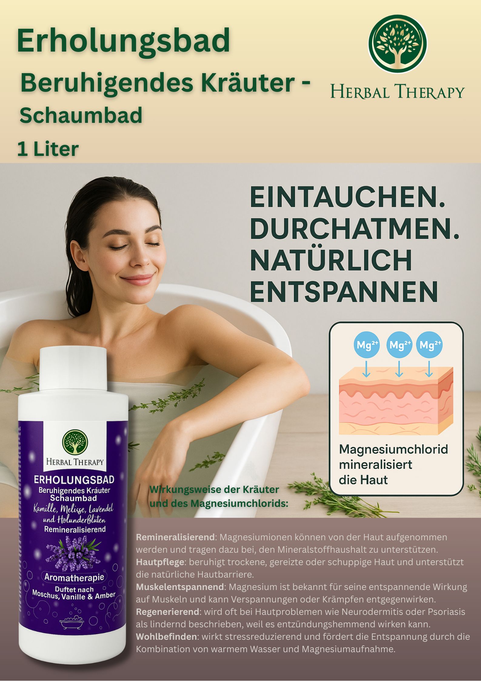 Donna in vasca da bagno. Flacone con etichetta viola: Bagno rilassante, bagno schiuma alle erbe. Logo Herbal Therapy.