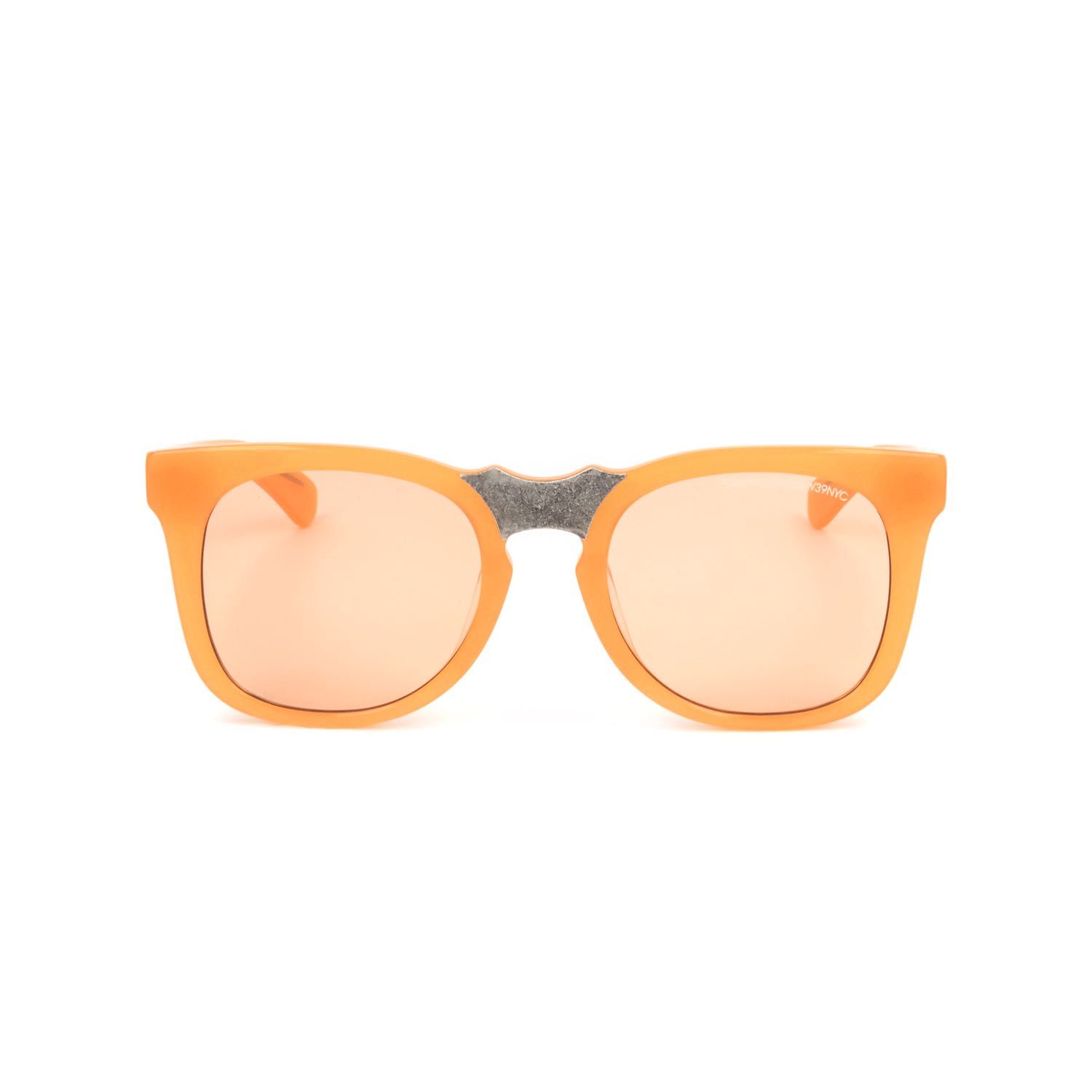 Vista frontale di occhiali da sole unisex arancioni con montatura rettangolare e lenti colorate.