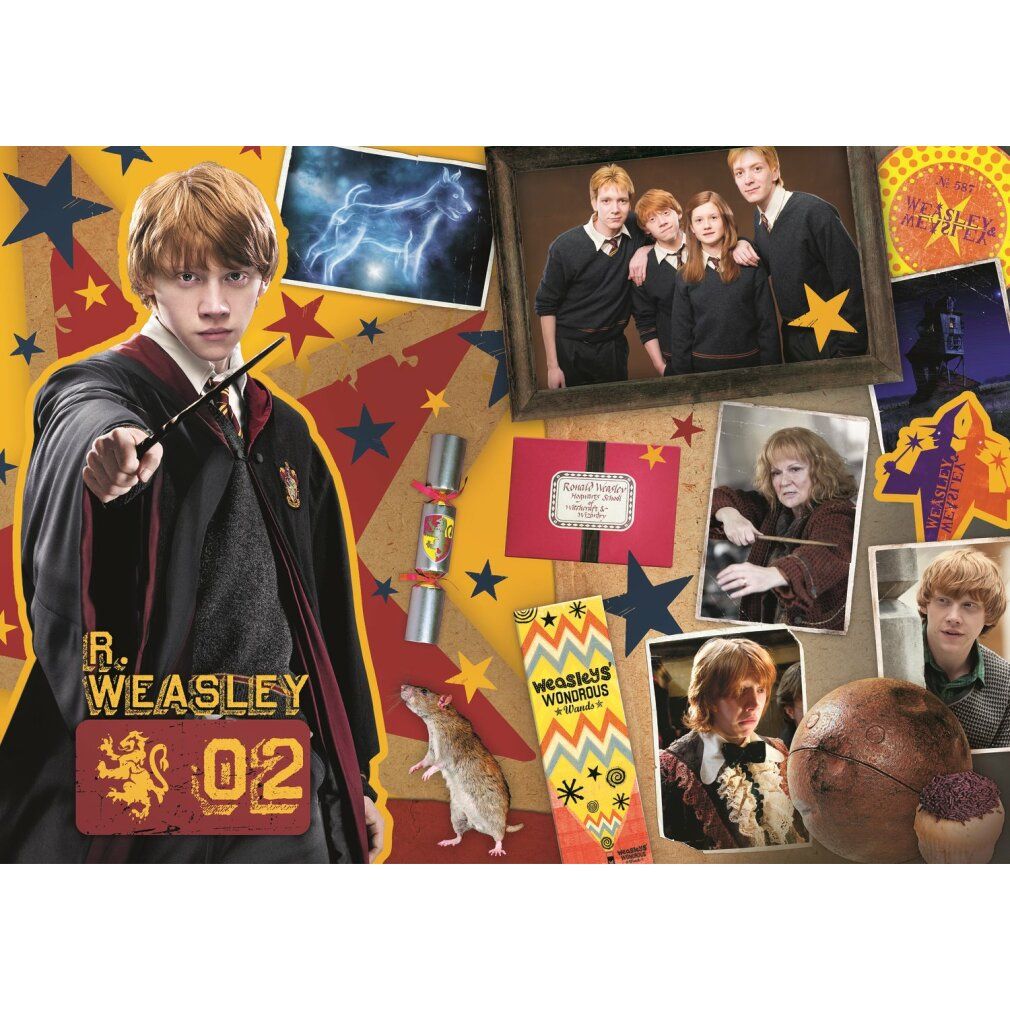 Puzzle con Ron Weasley e bacchetta. Sfondo con foto, stelle e testo. Pezzi di puzzle con testo.