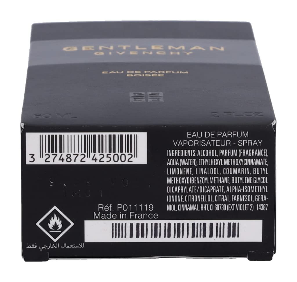 Parte superiore della confezione. Scritta: GENTLEMAN GIVENCHY, Eau de Parfum Boisée. Codice a barre e ingredienti.
