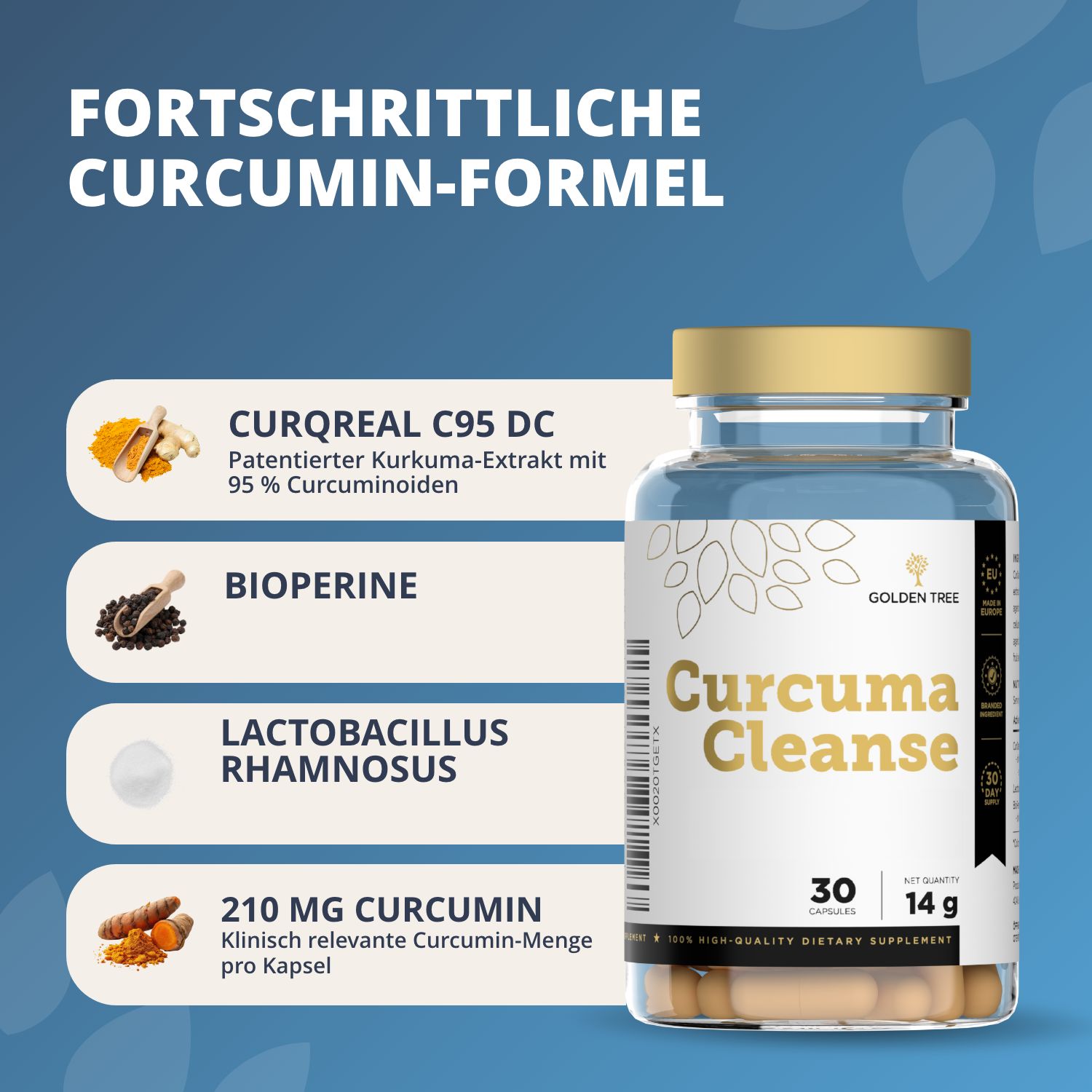 Flacone di capsule Curcuma Cleanse, 30 pezzi, 14g. Contiene estratto di curcuma, bioperina, Lactobacillus Rhamnosus.