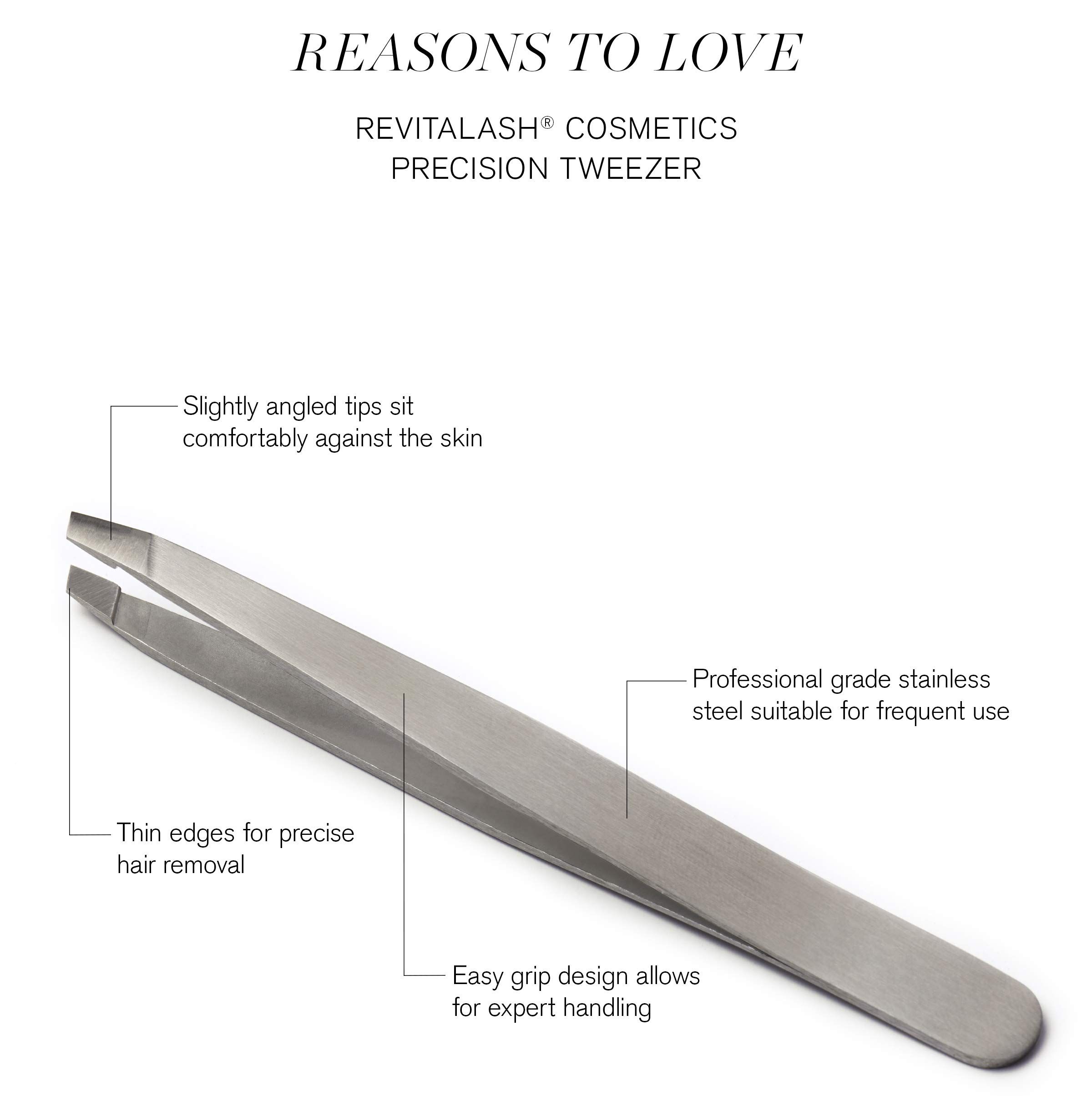 Pinzette con caratteristiche evidenziate. Testo: Pinzette di precisione RevitaLash Cosmetics. Punte angolate, acciaio inossidabile.