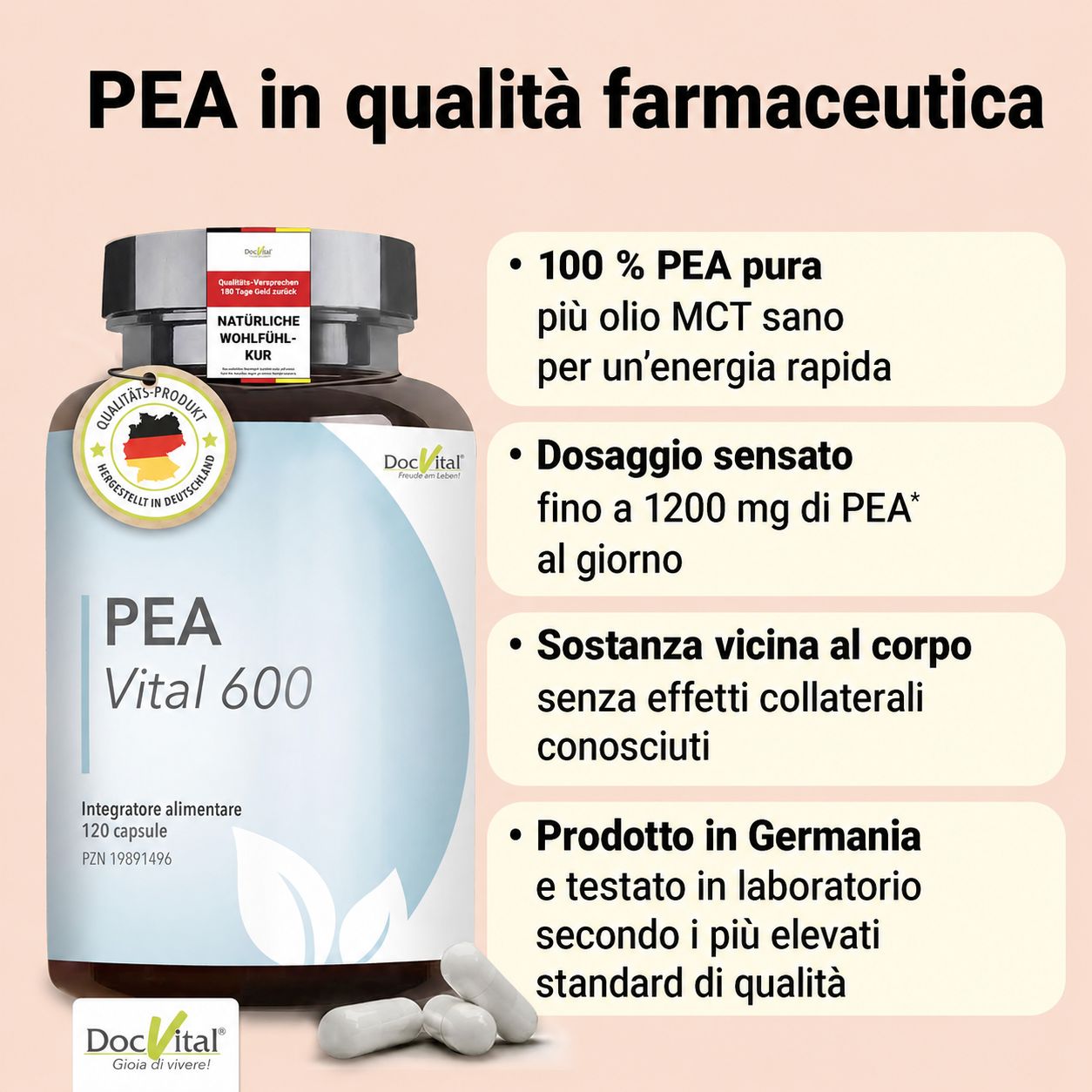 Flacone di capsule DocVital PEA Vital 600, 120 pezzi. Con sigillo 'Prodotto di qualità, fabbricato in Germania'.