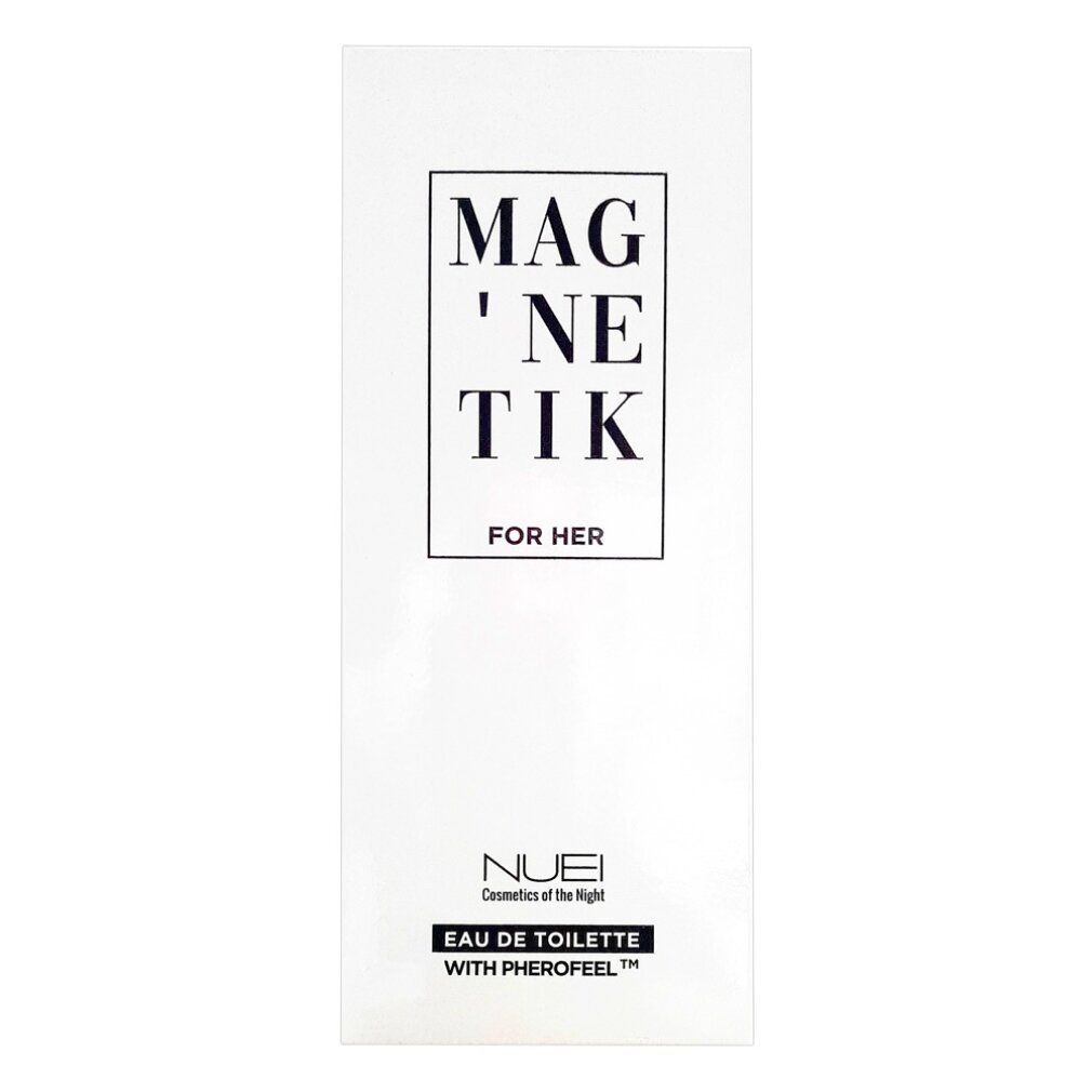 Confezione bianca con scritta nera "MAG'NETIK FOR HER". Sotto, "EAU DE TOILETTE WITH PHEROFEEL".