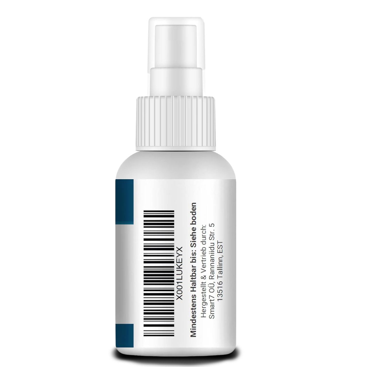 Retro di un flacone spray bianco. Codice a barre e testo: Da consumarsi preferibilmente entro: Vedi fondo. Indirizzo del produttore.