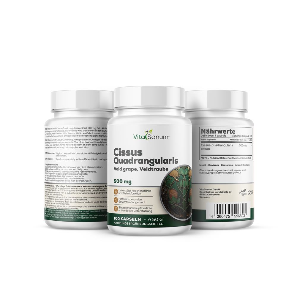 Tre contenitori di capsule VitaSanum Cissus Quadrangularis, uno frontale con etichetta, due posteriori con informazioni dettagliate.