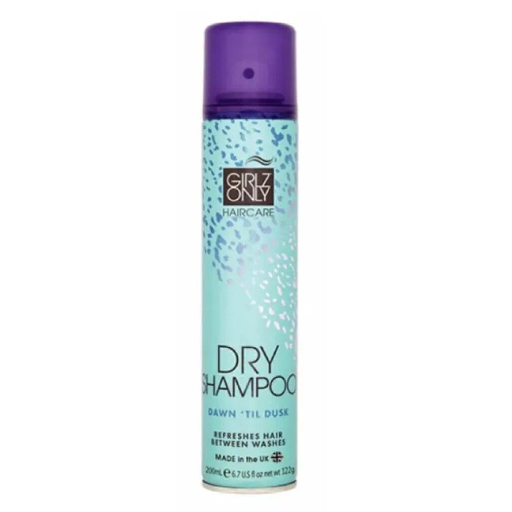 Spray di shampoo secco. Tappo viola, corpo turchese con nome e testo del prodotto. Prodotto nel Regno Unito.