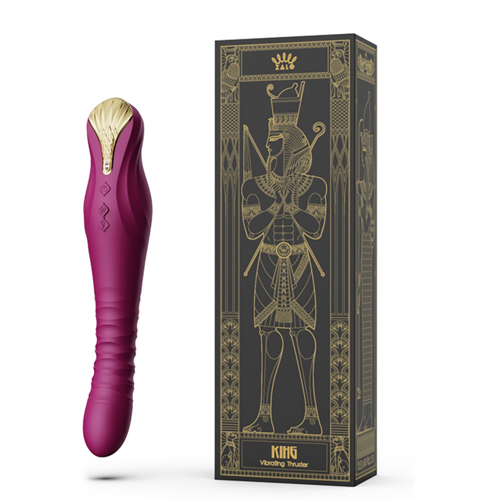 Vibratore accanto alla confezione. Vibratore viola con testa dorata. Confezione nera con dettagli dorati.