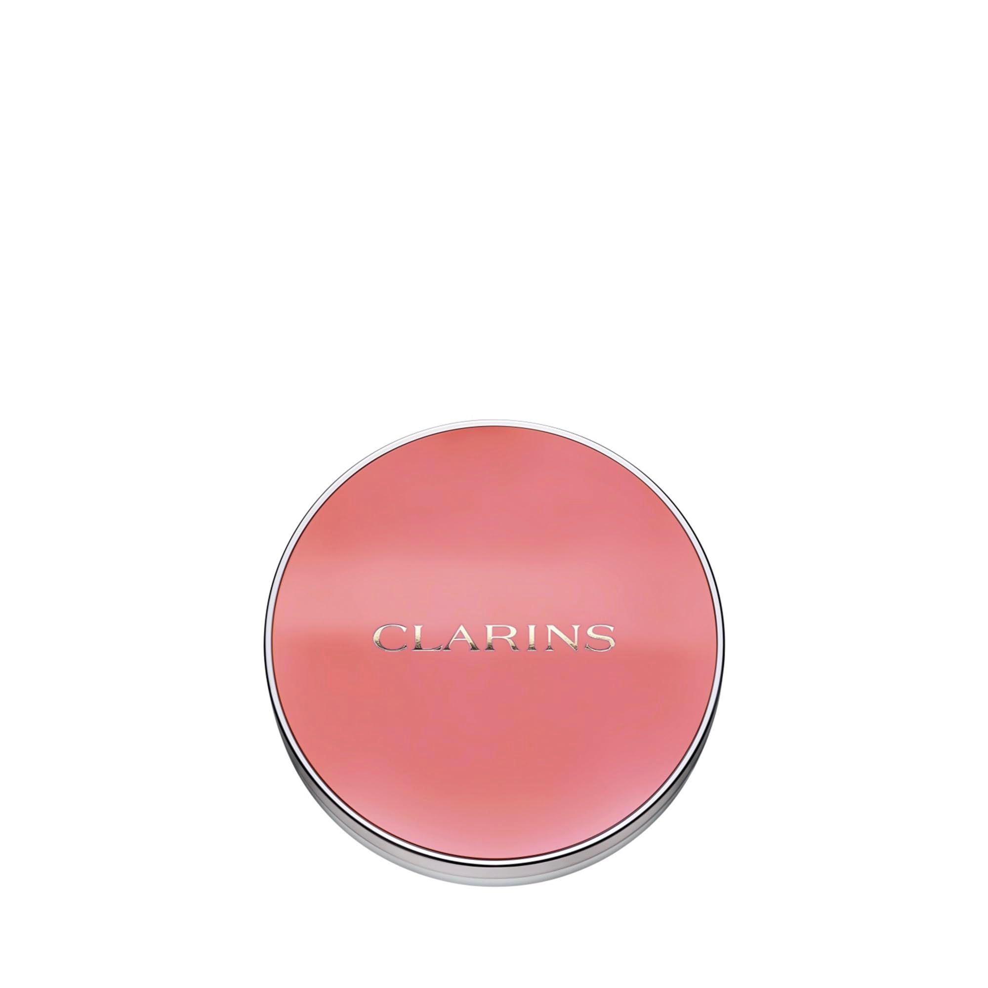 Contenitore rotondo per fard, rosa, con bordo argentato. Scritta CLARINS.