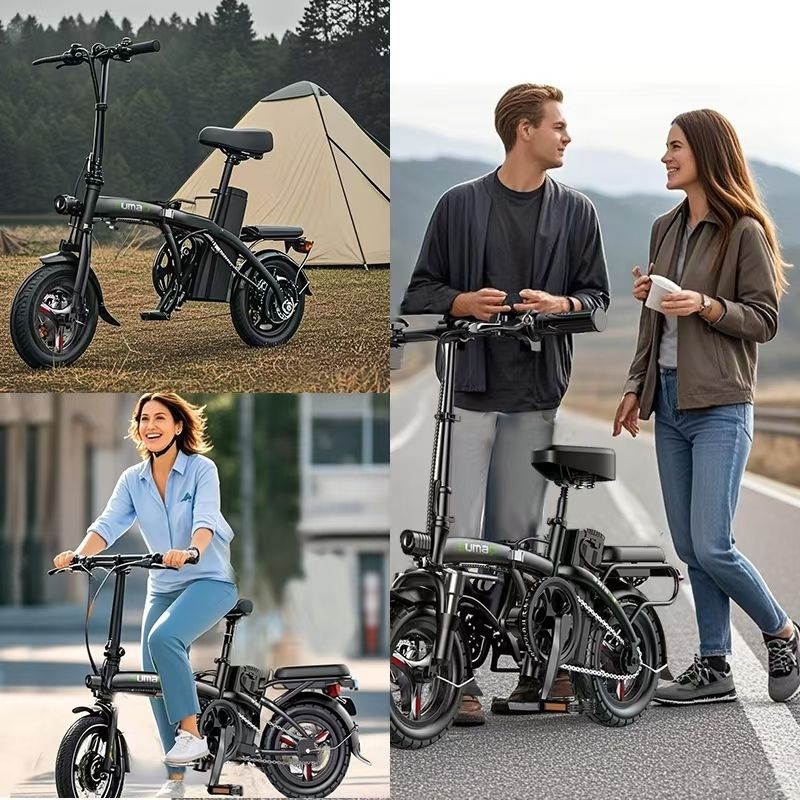 Diverse scene con la bicicletta elettrica. Persone che usano e tengono la bici. Sfondo: natura e città.