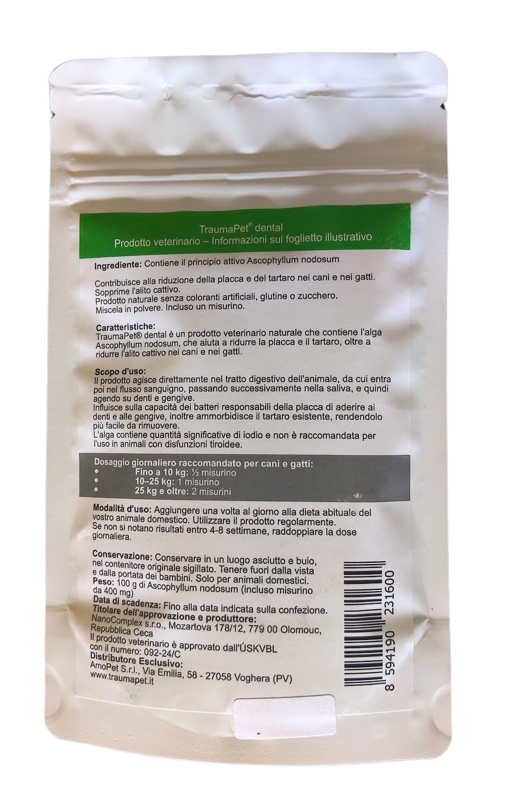 Retro della busta. Testo: TraumaPet dental, informazioni sul prodotto, ingredienti, uso, dosaggio, conservazione, produttore.