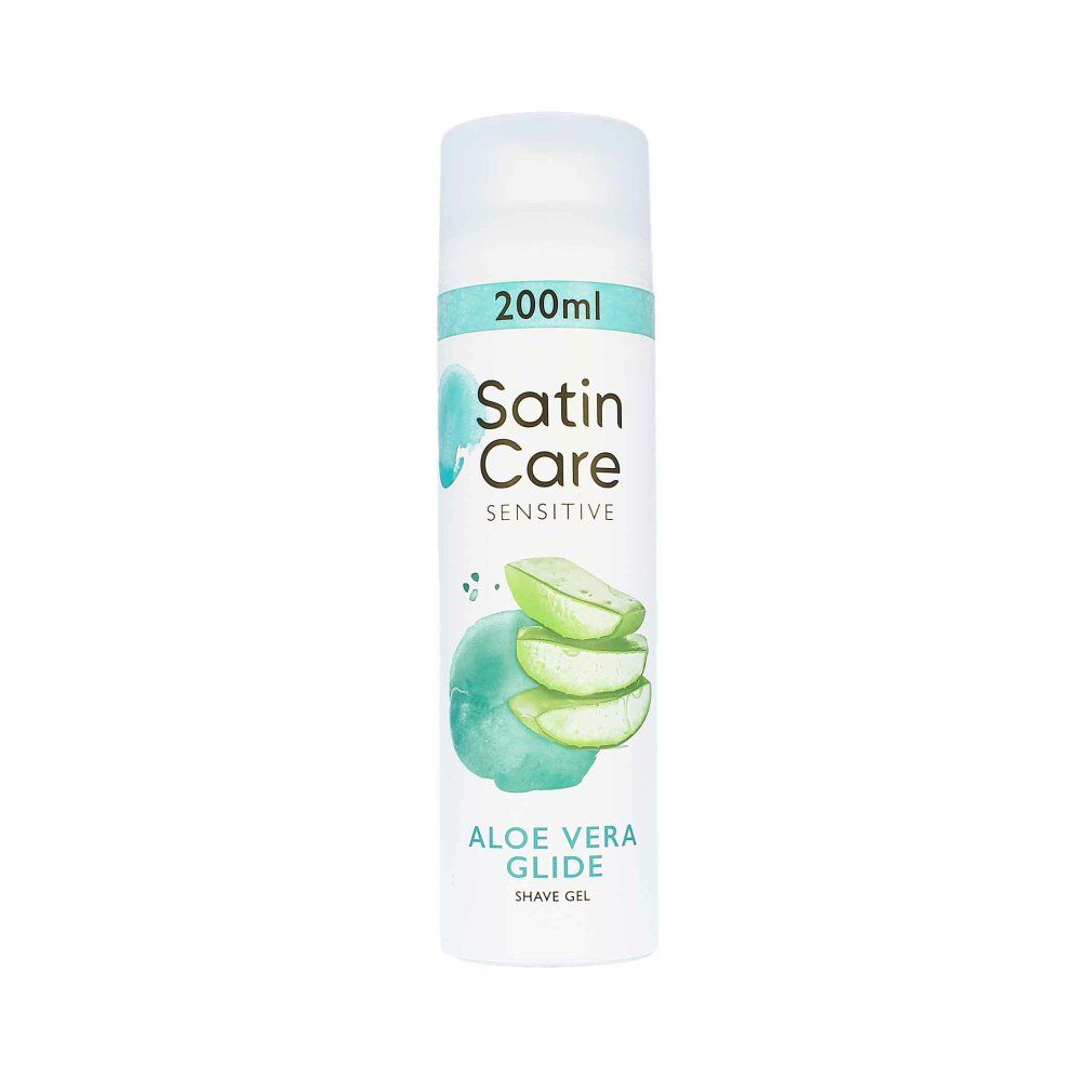 Gel da barba Satin Care. Barattolo con coperchio bianco. Testo: "200ml", "Aloe Vera Glide" e "Shave Gel". Illustrazione di aloe vera.