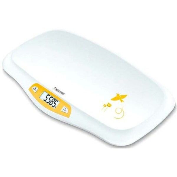 Bilancia per neonati bianca con display giallo. Mostra 5.585. Decorazione uccello giallo. Marca: Beurer.